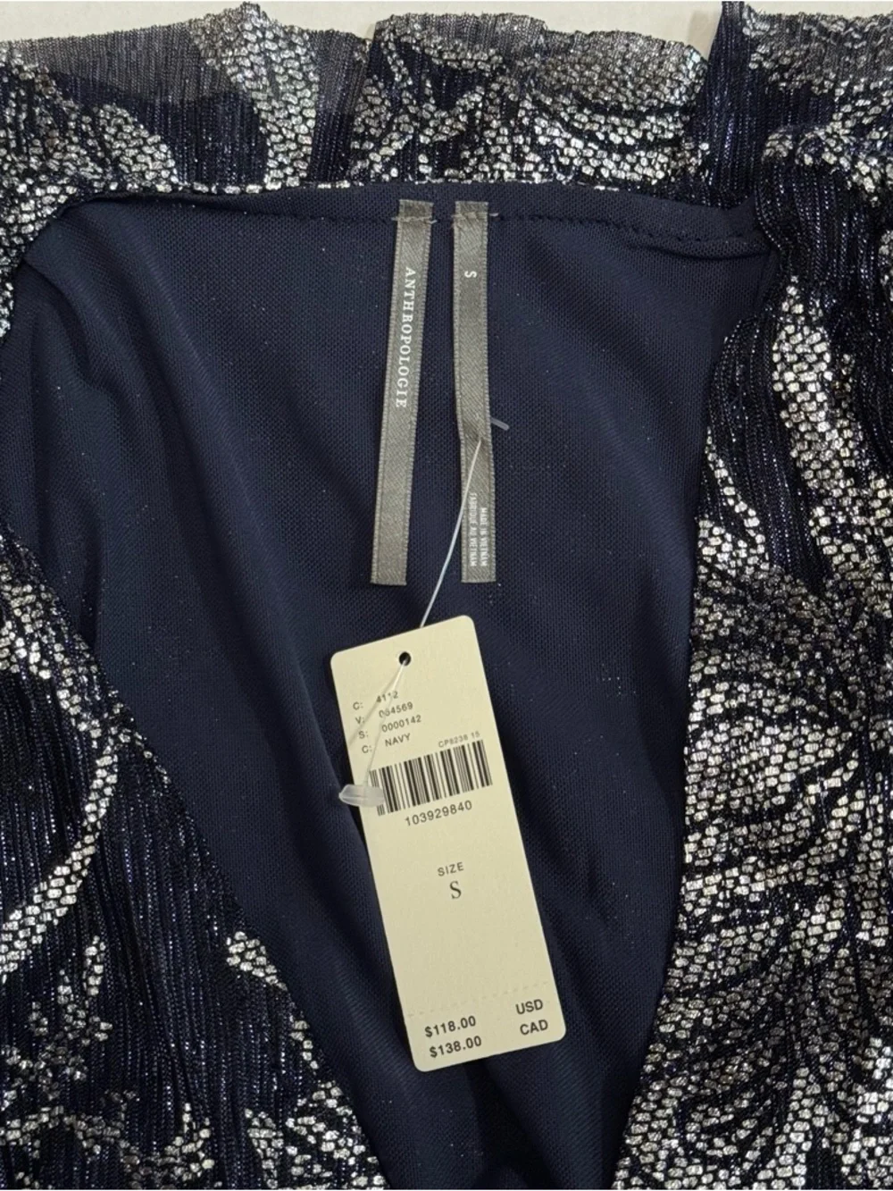 Anthropologie Romantic Glam Navy Metallic Silver Smocked Blouse NWT S Sheer - Picture 9 of 9